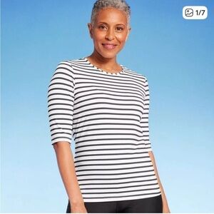 Lands' End Size Navy Blue Striped Sleeve Rash Guard Swim Shirt size small tall